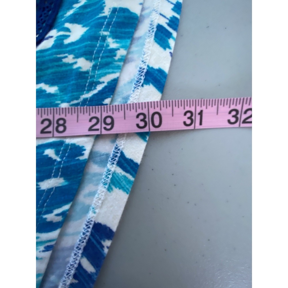 Chico's Top Artful IKAT Asymmetrical Crochet Hem Mysterious Blue Size 3 - Picture 6 of 7